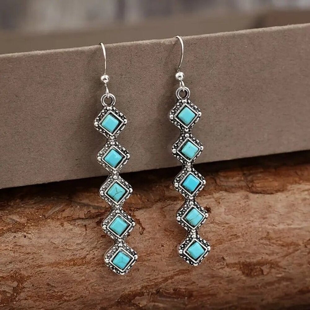 NEW retro long turquoise drop earrings, bohemian jewelry, BOHO turquoise jewelry - Picture 4 of 5